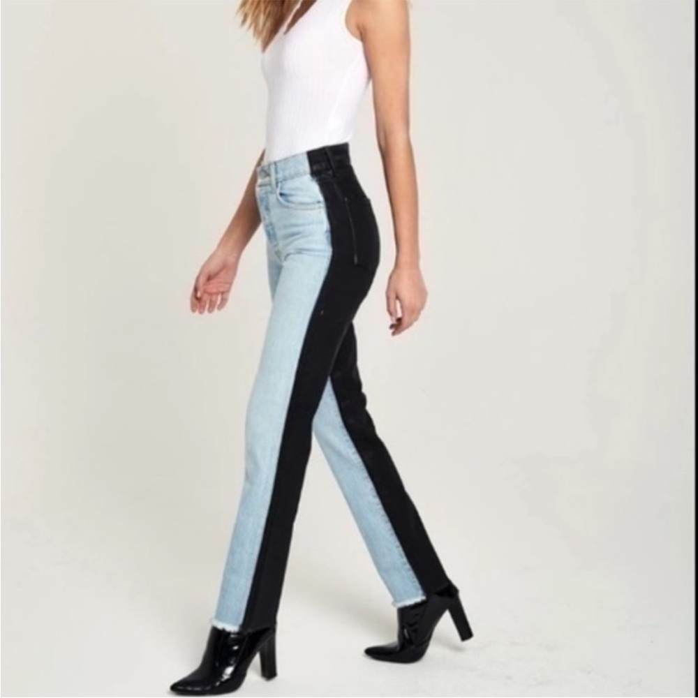 REVICE Two-Tone Straight Leg Jeans in Light Blue and Black